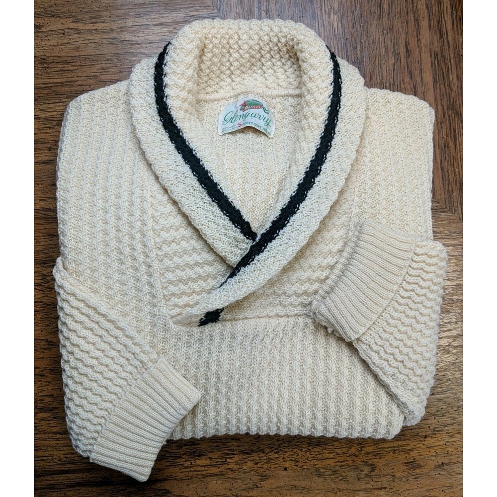 Glengarry 100% Wool Knit Sweater VTG 50 60s Pale Yellow Shawl Collar Size L*